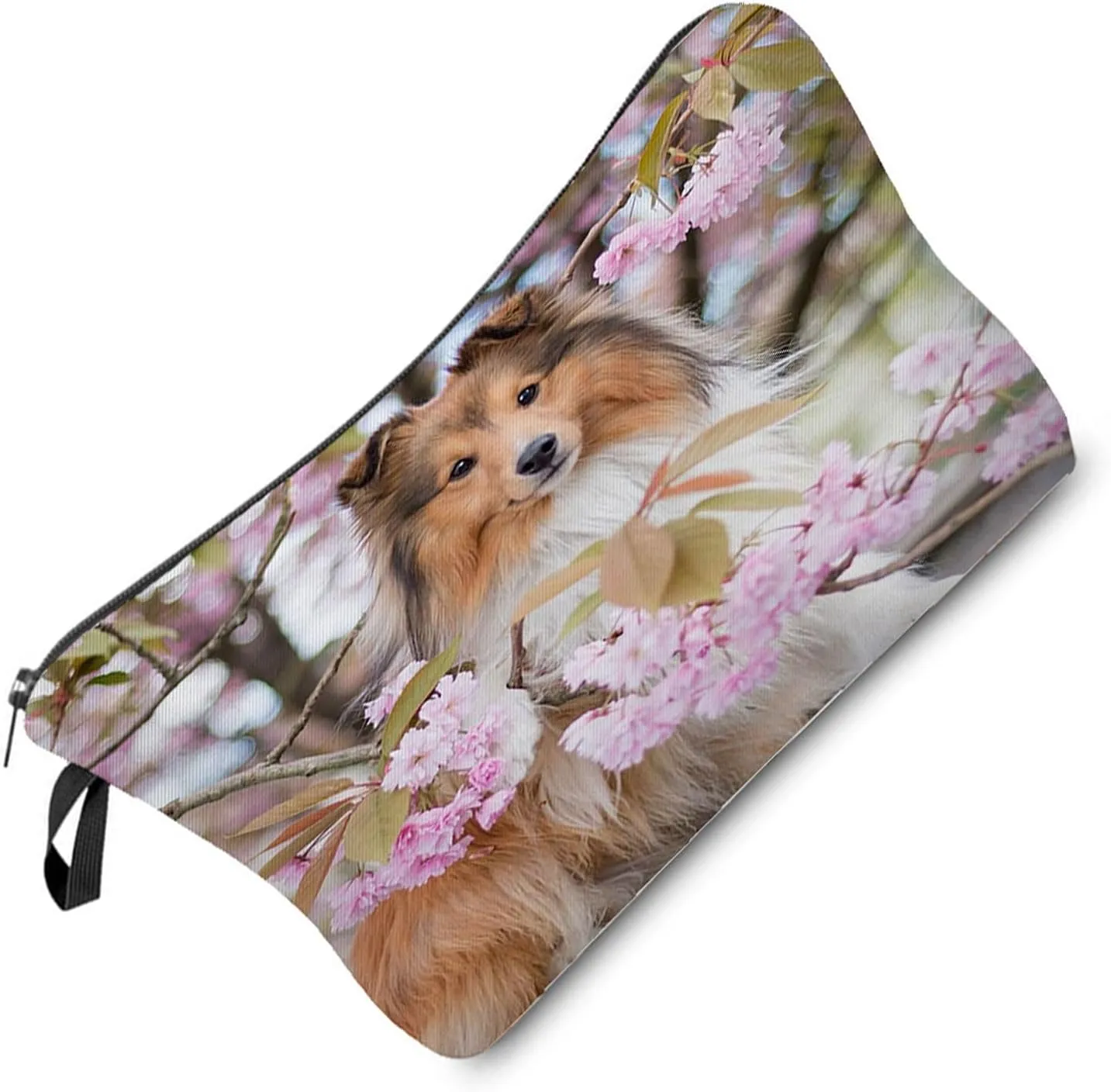 Shetland Sheepdog Makeup Bag Floral Puppy Organizer Bag Toiletry Zipper Pouch Shetland Sheepdog Cosmetic Bag Present for Dog Lovers Dog Mom Women