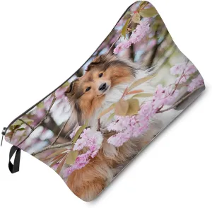 Shetland Sheepdog Makeup Bag Floral Puppy Organizer Bag Toiletry Zipper Pouch Shetland Sheepdog Cosmetic Bag Present for Dog Lovers Dog Mom Women