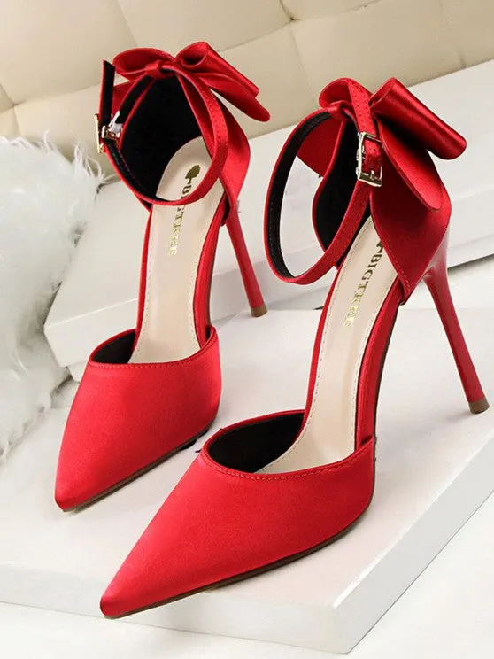 Silky Satin Bow Detail High Heeled Pointed Toe Pumps