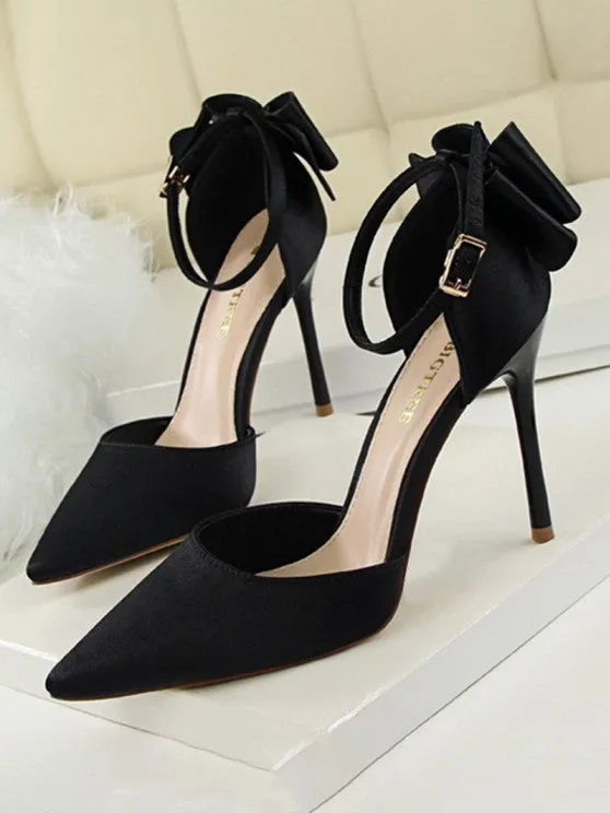 Silky Satin Bow Detail High Heeled Pointed Toe Pumps