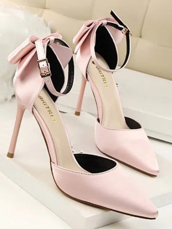 Silky Satin Bow Detail High Heeled Pointed Toe Pumps