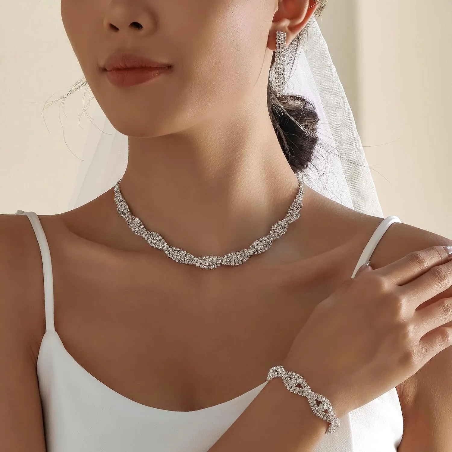 Silver Jewelry Sets for Women Rhinestone Necklace Dangle Earrings Bracelet Set Bridal Wedding Jewelry Sets for Brides Bridemaid Prom Costume Accessories Jewelry