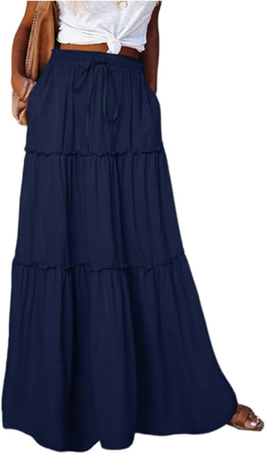 Skirts for Women Summer Flowy Tiered Elastic High Waisted Skirt Vacation Swing Long Solid/Floral Maxi Skirts