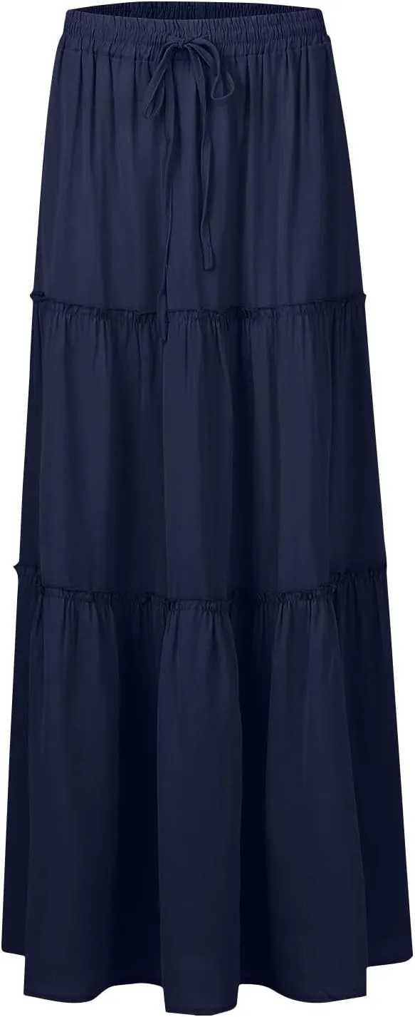 Skirts for Women Summer Flowy Tiered Elastic High Waisted Skirt Vacation Swing Long Solid/Floral Maxi Skirts