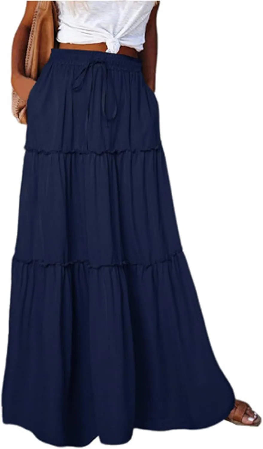 Skirts for Women Summer Flowy Tiered Elastic High Waisted Skirt Vacation Swing Long Solid/Floral Maxi Skirts