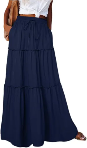 Skirts for Women Summer Flowy Tiered Elastic High Waisted Skirt Vacation Swing Long Solid/Floral Maxi Skirts