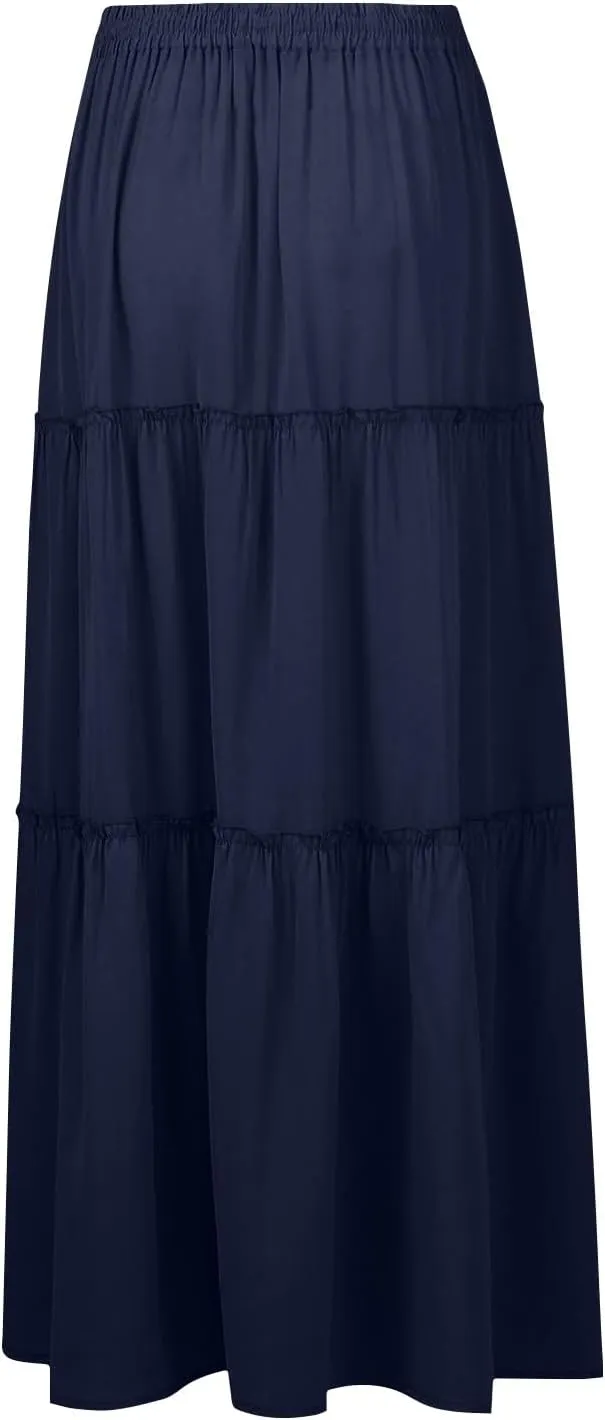 Skirts for Women Summer Flowy Tiered Elastic High Waisted Skirt Vacation Swing Long Solid/Floral Maxi Skirts