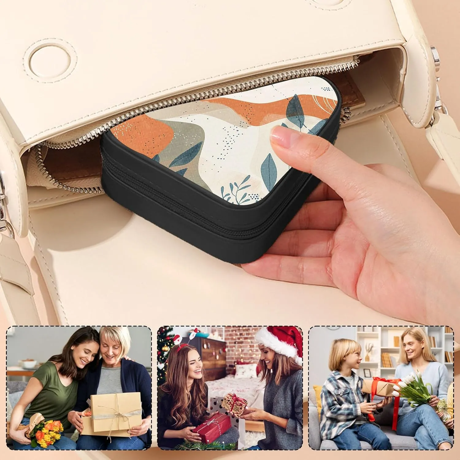 Small Jewelry Box Travel Jewelry Case Portable PU Leather for Girls Women Jewelry Organizer with Mirror, Storage Earring, Necklace, Rings, Abstract Art