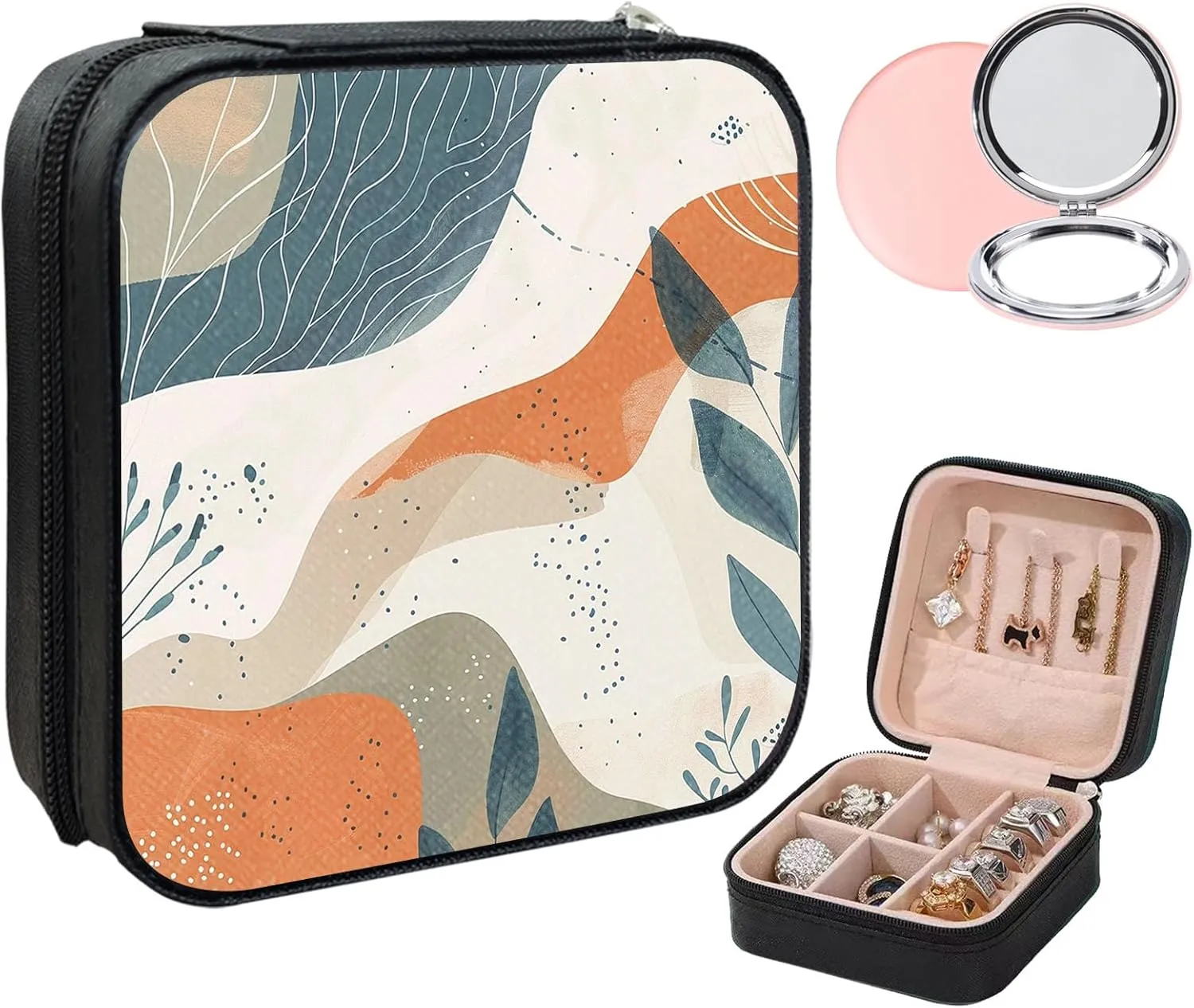 Small Jewelry Box Travel Jewelry Case Portable PU Leather for Girls Women Jewelry Organizer with Mirror, Storage Earring, Necklace, Rings, Abstract Art