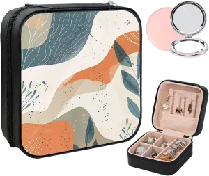 Small Jewelry Box Travel Jewelry Case Portable PU Leather for Girls Women Jewelry Organizer with Mirror, Storage Earring, Necklace, Rings, Abstract Art