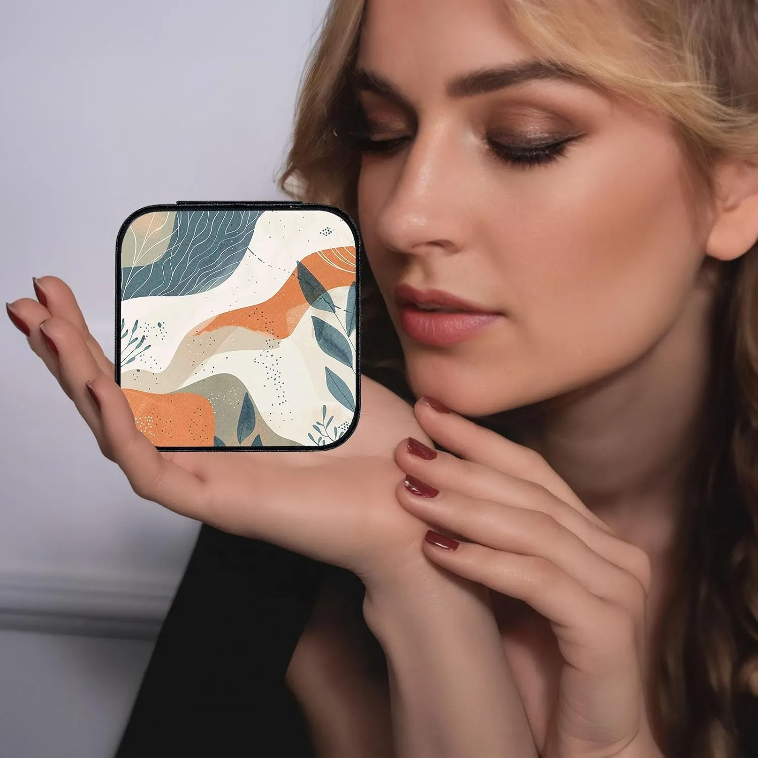 Small Jewelry Box Travel Jewelry Case Portable PU Leather for Girls Women Jewelry Organizer with Mirror, Storage Earring, Necklace, Rings, Abstract Art