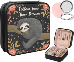 Small Jewelry Box Travel Jewelry Case Portable PU Leather for Girls Women Jewelry Organizer with Mirror, Storage Earring, Necklace, Rings, Cartoon Sloth