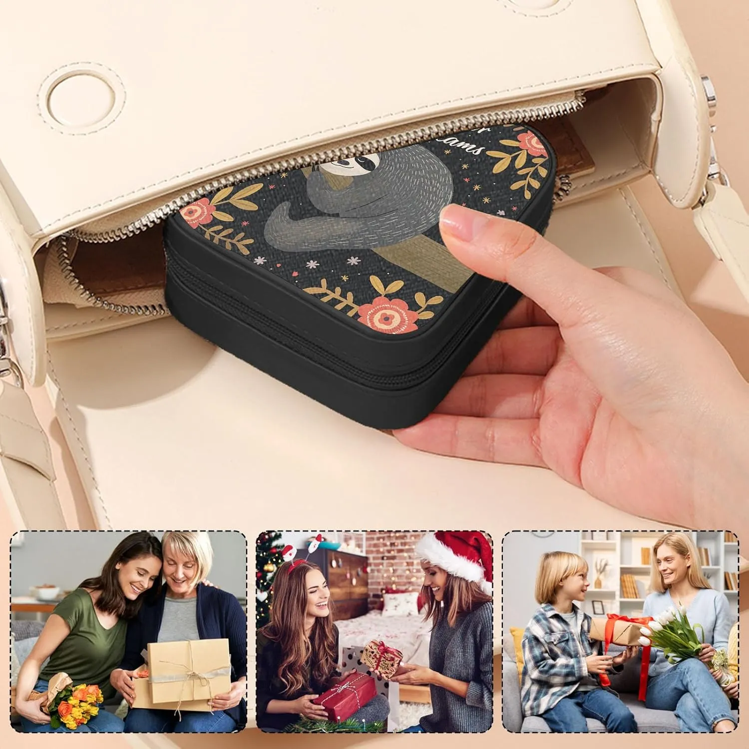Small Jewelry Box Travel Jewelry Case Portable PU Leather for Girls Women Jewelry Organizer with Mirror, Storage Earring, Necklace, Rings, Cartoon Sloth