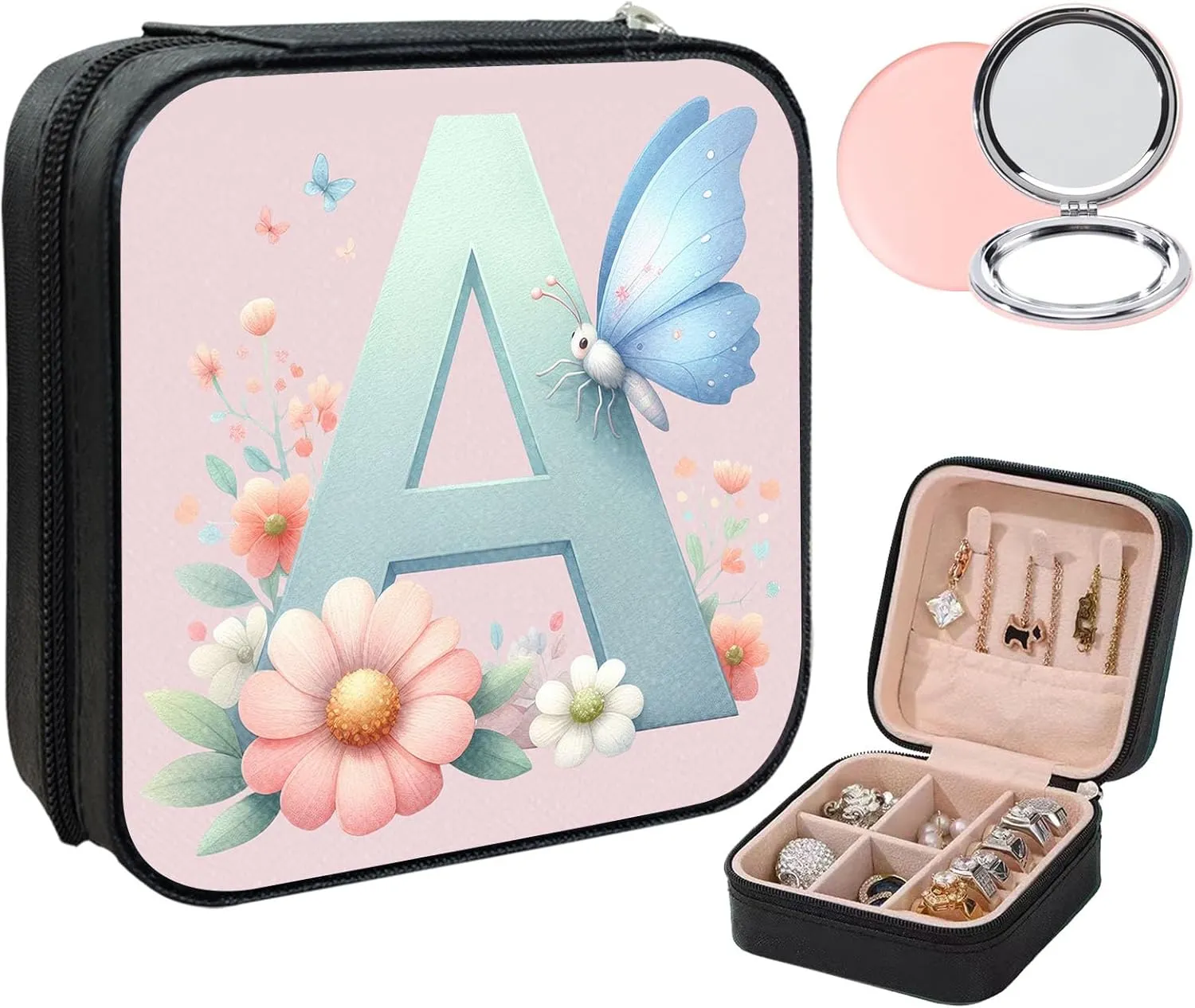 Small Jewelry Box Travel Jewelry Case Portable PU Leather for Girls Women Jewelry Organizer with Mirror, Storage Earring, Necklace, Rings, Floral A Alphabets