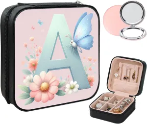 Small Jewelry Box Travel Jewelry Case Portable PU Leather for Girls Women Jewelry Organizer with Mirror, Storage Earring, Necklace, Rings, Floral A Alphabets