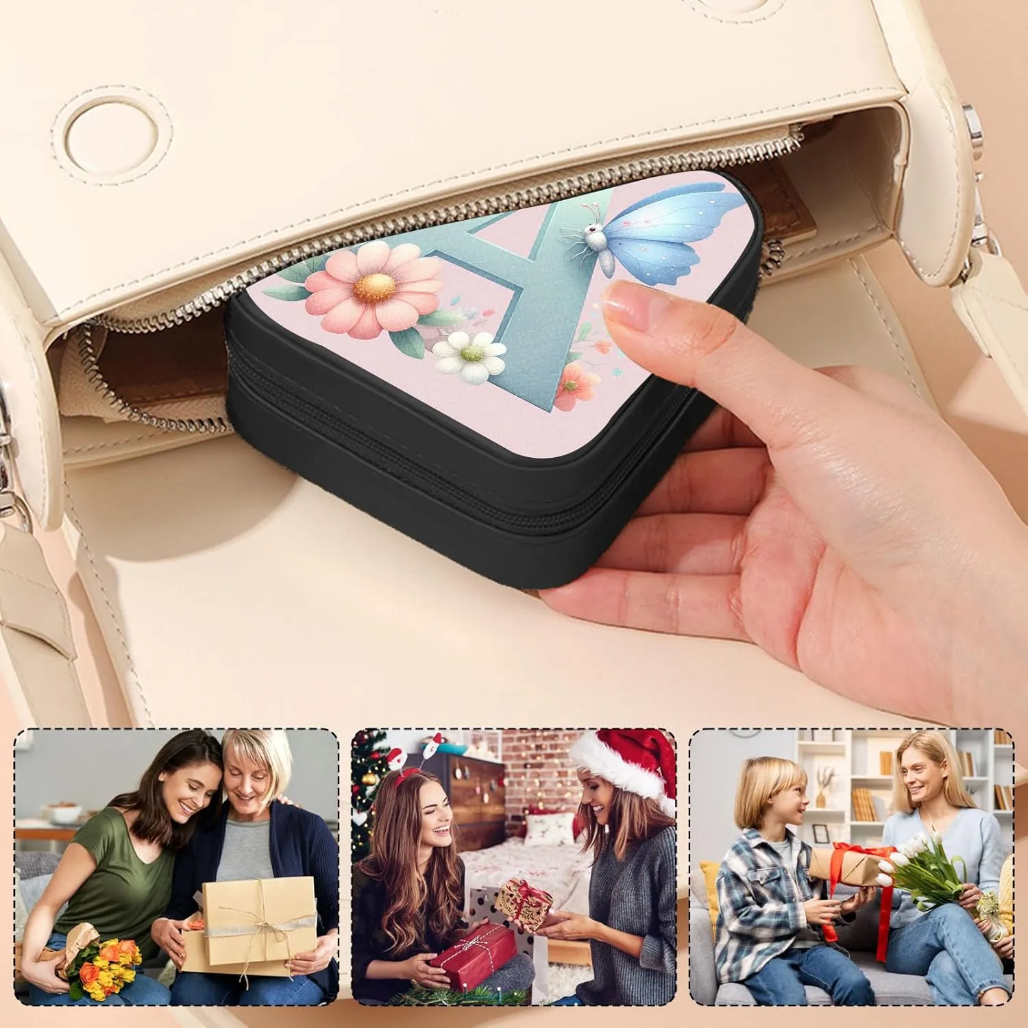 Small Jewelry Box Travel Jewelry Case Portable PU Leather for Girls Women Jewelry Organizer with Mirror, Storage Earring, Necklace, Rings, Floral A Alphabets