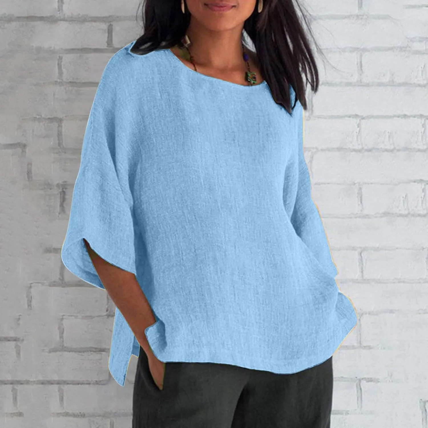 SMIDOW Womens Summer Tops 2023 Plus Size Cotton Linen Shirts Loose Fit 3/4 Sleeve Crewneck Blouses Dressy Casual