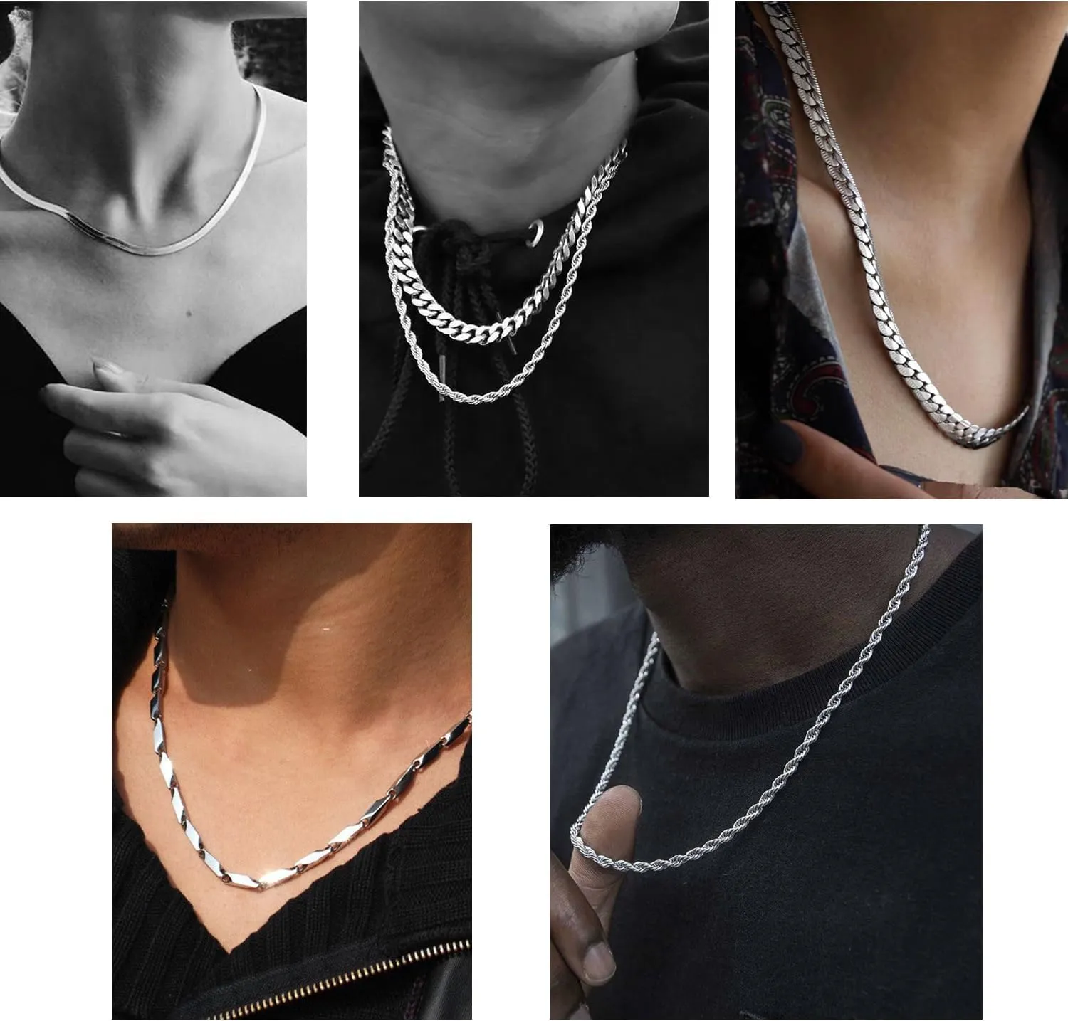 stino 7/8PCs Stainless Steel Chain Necklace Set for Men Women, Silver Tone Necklace Chains Bulk, Figaro Chain, Snake Chain, Cuban Link Chain, Rope Chain.