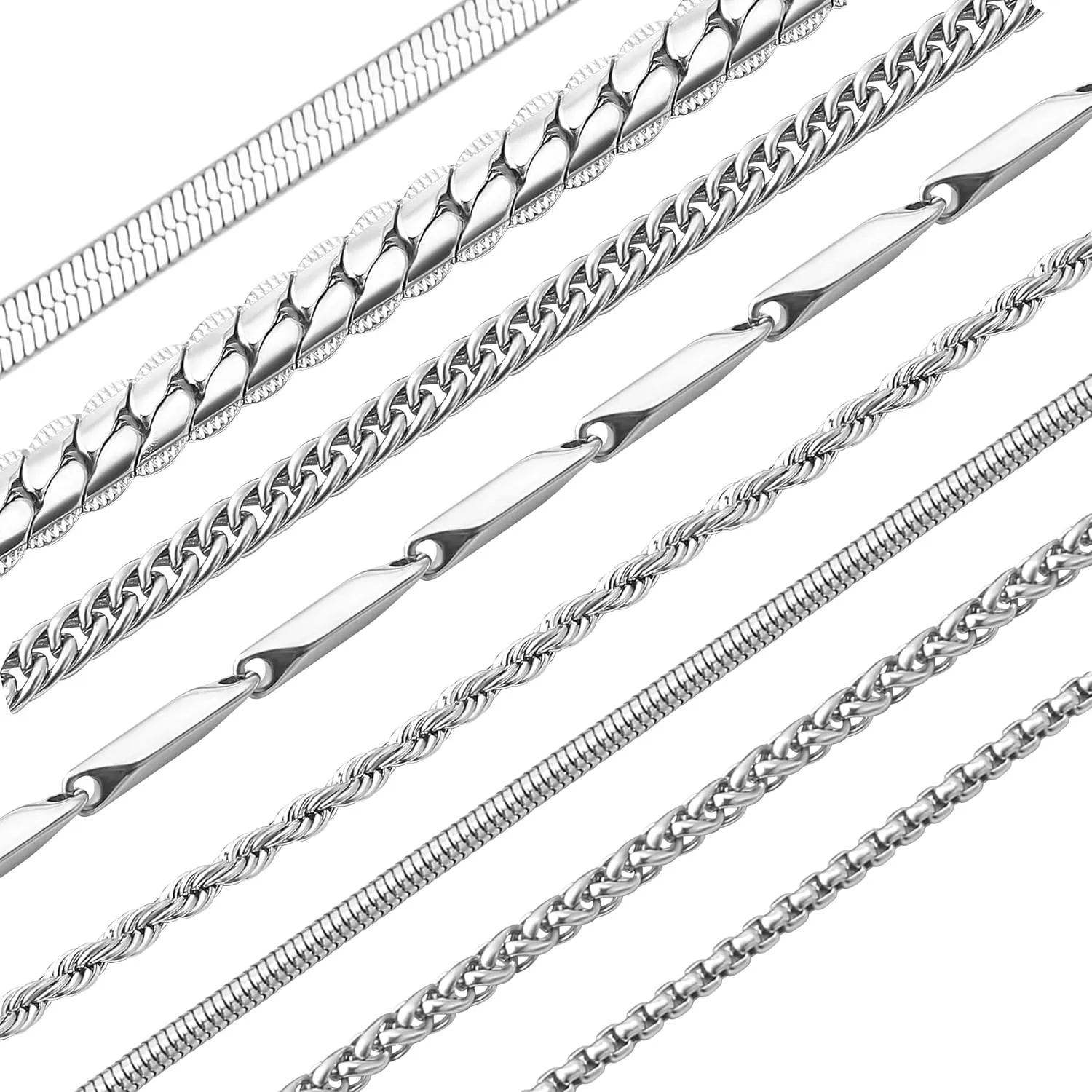 stino 7/8PCs Stainless Steel Chain Necklace Set for Men Women, Silver Tone Necklace Chains Bulk, Figaro Chain, Snake Chain, Cuban Link Chain, Rope Chain.