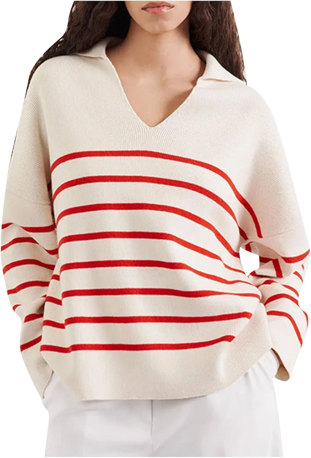 Striped Sweater Women Casual Long Sleeve Fall Sweaters V Neck Soft Ribbed Knitted Oversized Pullover Loose Fit Jumper