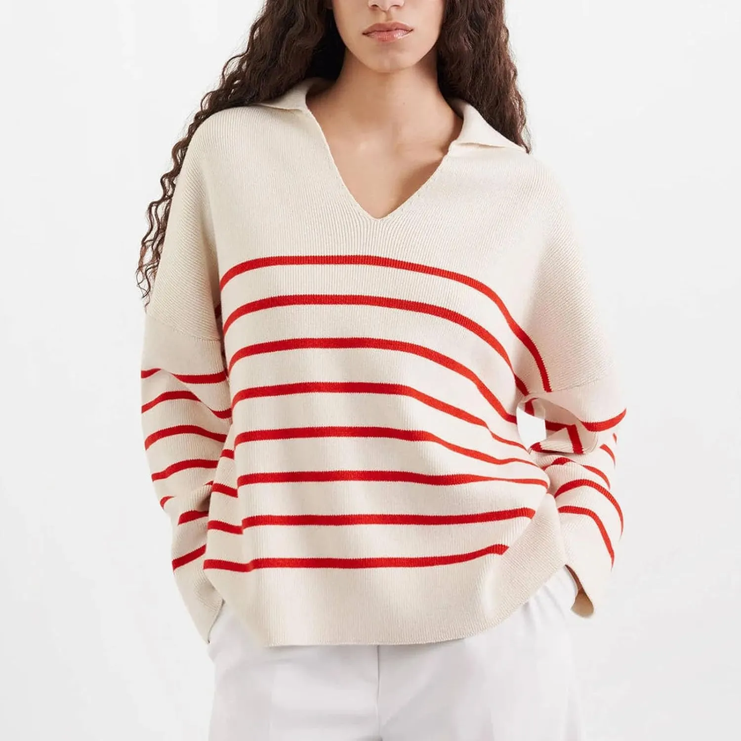 Striped Sweater Women Casual Long Sleeve Fall Sweaters V Neck Soft Ribbed Knitted Oversized Pullover Loose Fit Jumper