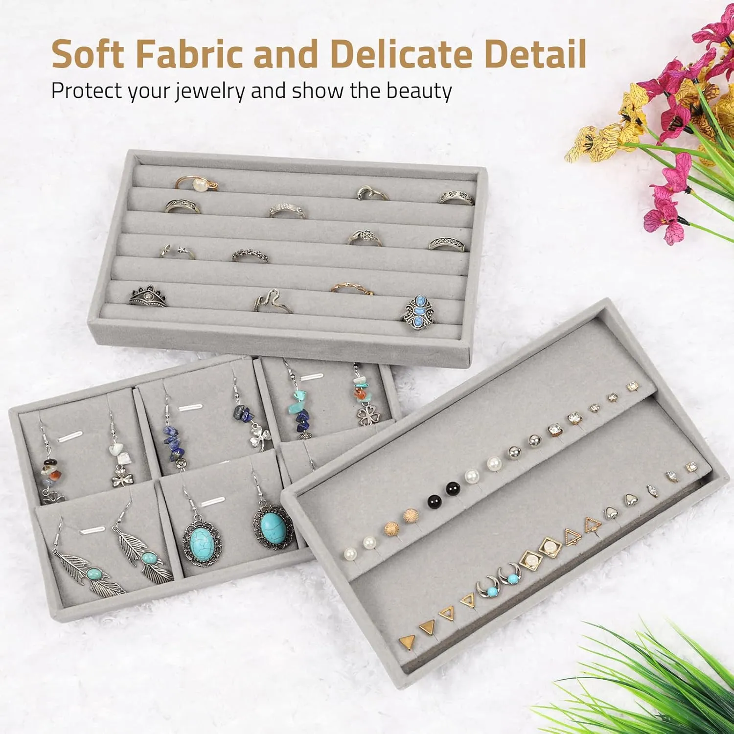STYLIFING 6 Pack Jewelry Organizer Trays, Velvet Jewelry Tray Stackable Jewelry Display Case for Dresser Drawer Insert, Ring Earing Necklace Bracelet Holder