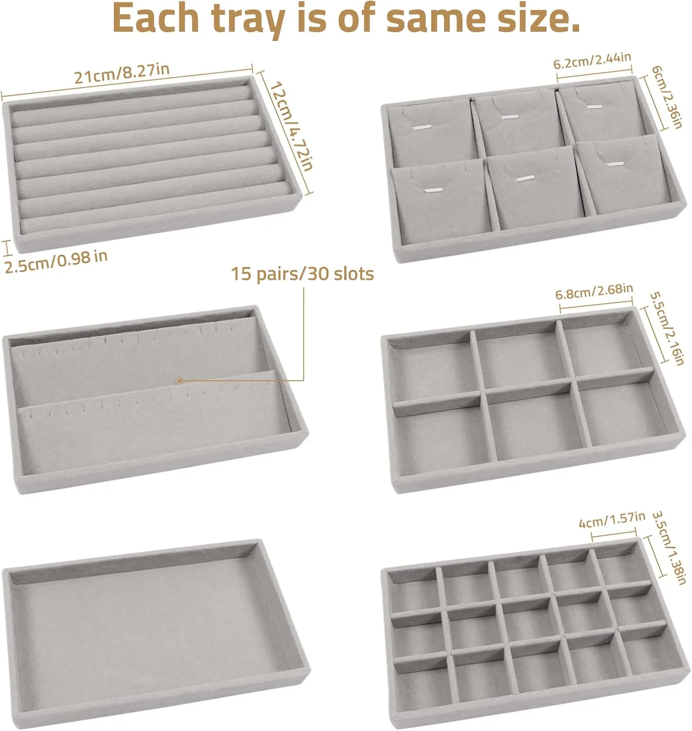 STYLIFING 6 Pack Jewelry Organizer Trays, Velvet Jewelry Tray Stackable Jewelry Display Case for Dresser Drawer Insert, Ring Earing Necklace Bracelet Holder
