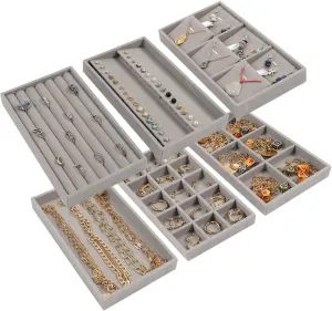 STYLIFING 6 Pack Jewelry Organizer Trays, Velvet Jewelry Tray Stackable Jewelry Display Case for Dresser Drawer Insert, Ring Earing Necklace Bracelet Holder