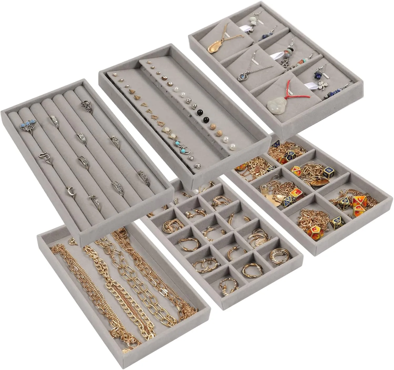 STYLIFING 6 Pack Jewelry Organizer Trays, Velvet Jewelry Tray Stackable Jewelry Display Case for Dresser Drawer Insert, Ring Earing Necklace Bracelet Holder