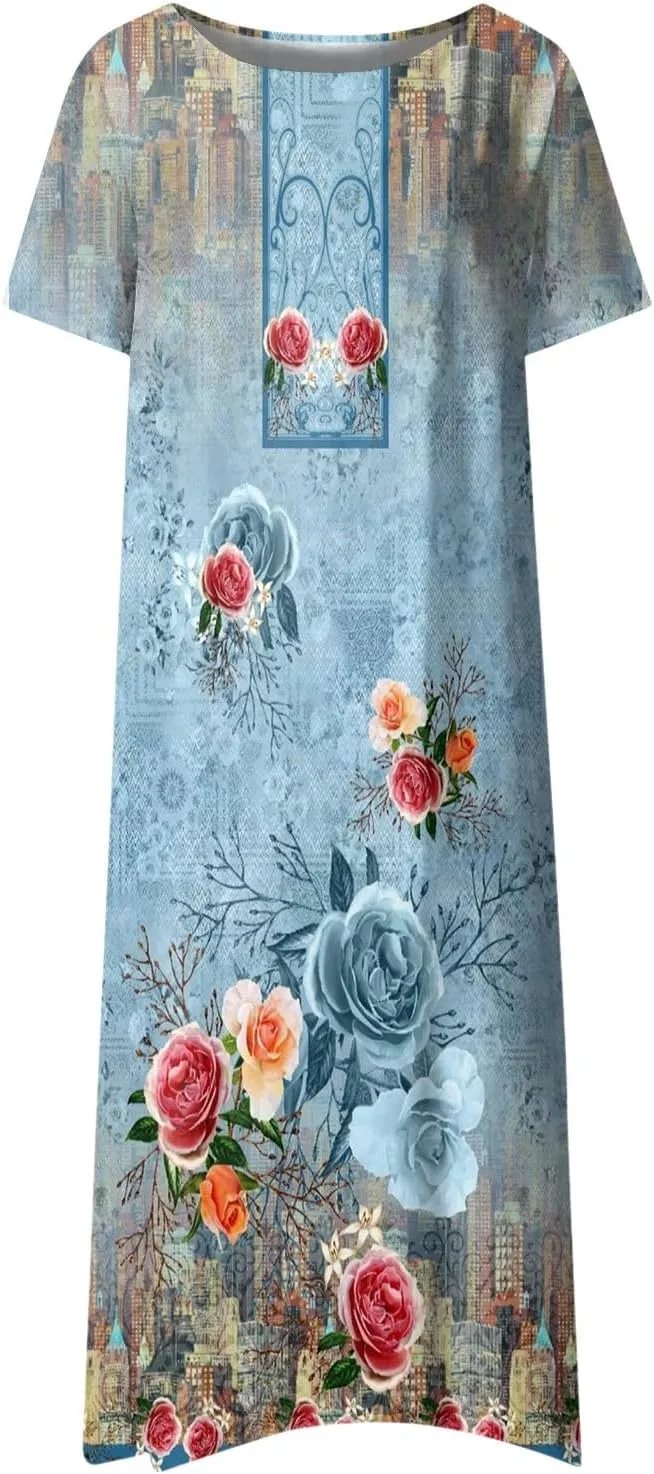 Summer Dresses for Women 2024 Round Neck Prinedt Basic Dresses Plus Size Flowy Short Sleeve Dress with Pockets