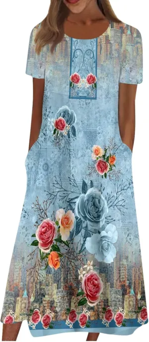 Summer Dresses for Women 2024 Round Neck Prinedt Basic Dresses Plus Size Flowy Short Sleeve Dress with Pockets