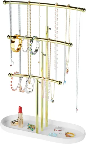 SZQINJI Jewelry Stand Organizer, Metal Jewelry Tree Holder 3-Tier Jewelry Storage Tower for Necklace Display, Bracelet Hanging Gold White Christmas Gift