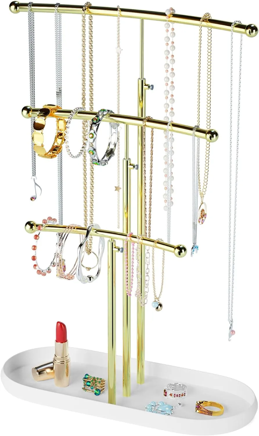 SZQINJI Jewelry Stand Organizer, Metal Jewelry Tree Holder 3-Tier Jewelry Storage Tower for Necklace Display, Bracelet Hanging Gold White Christmas Gift