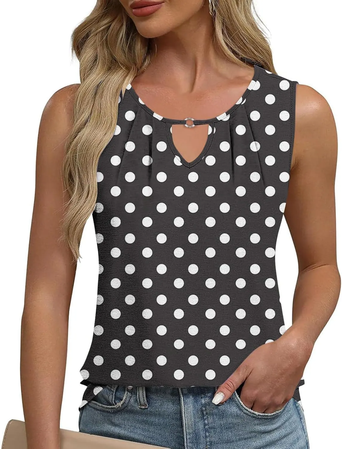 TANGNADE Tank Top Women Summer Trendy Sleeveless T Shirts Pleated Scoop Neck Graphic Tee Floral Print Blouses Dressy Casual