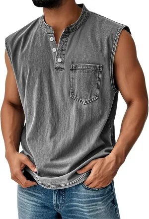 Tank Tops Men Henley Shirts for Men Sleeveless Muscle Gym Workout Running Beach Summer Vintage Button Down Tank Tops