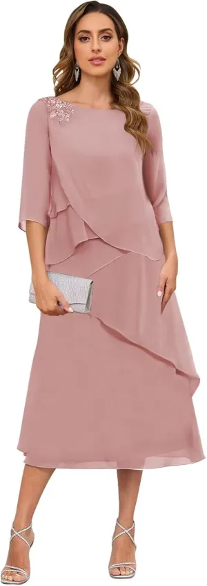 Tea Length Mother of The Bride Dresses for Women 3/4 Sleeve Tiered Chiffon Formal Dress