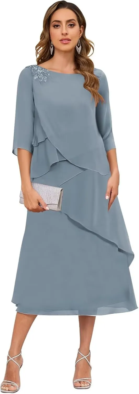 Tea Length Mother of The Bride Dresses for Women 3/4 Sleeve Tiered Chiffon Formal Dress