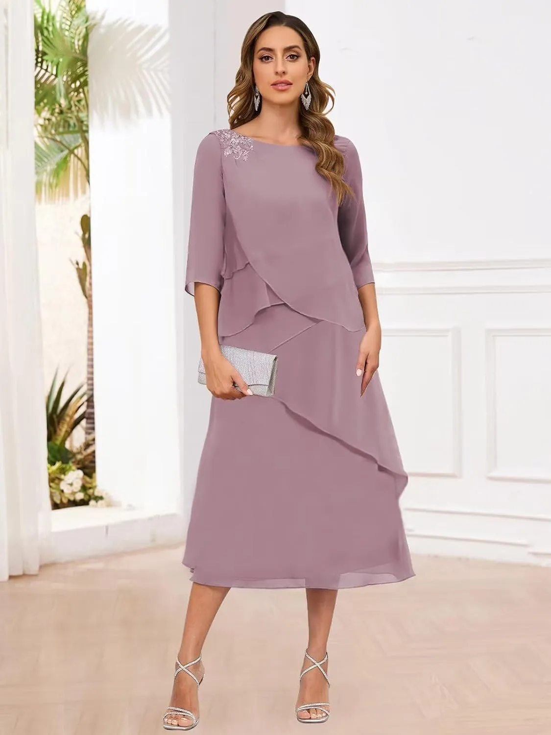 Tea Length Mother of The Bride Dresses for Women 3/4 Sleeve Tiered Chiffon Formal Dress