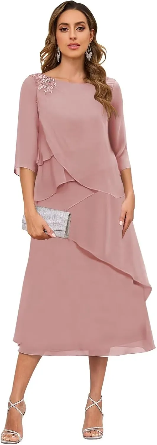Tea Length Mother of The Bride Dresses for Women 3/4 Sleeve Tiered Chiffon Formal Dress