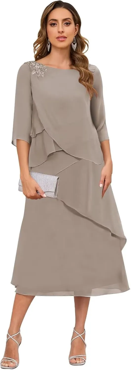 Tea Length Mother of The Bride Dresses for Women 3/4 Sleeve Tiered Chiffon Formal Dress