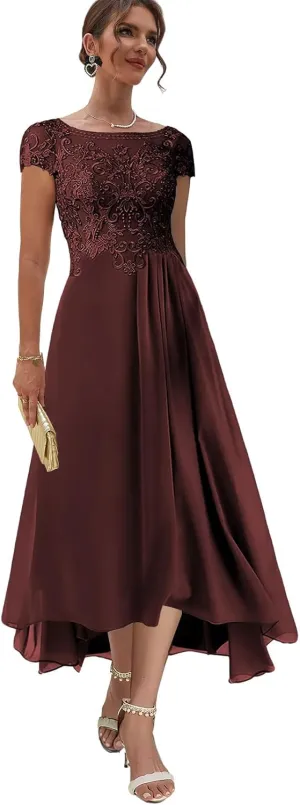 Tea Length Mother of The Bride Dresses with Sleeves Lace Formal Dress High Low Evening Gown for Wedding