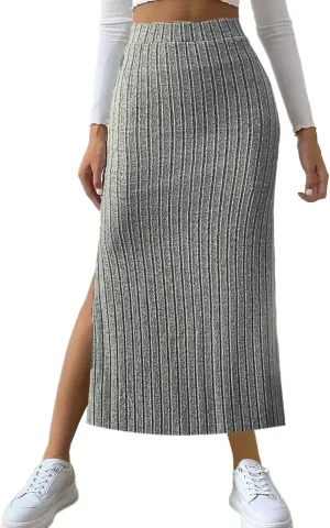 Texture Maxi Skorts for Women Ribbed Knitted Stretch Bodycon High Waist Pencil Skirts Casual Solid Side Split Skirt