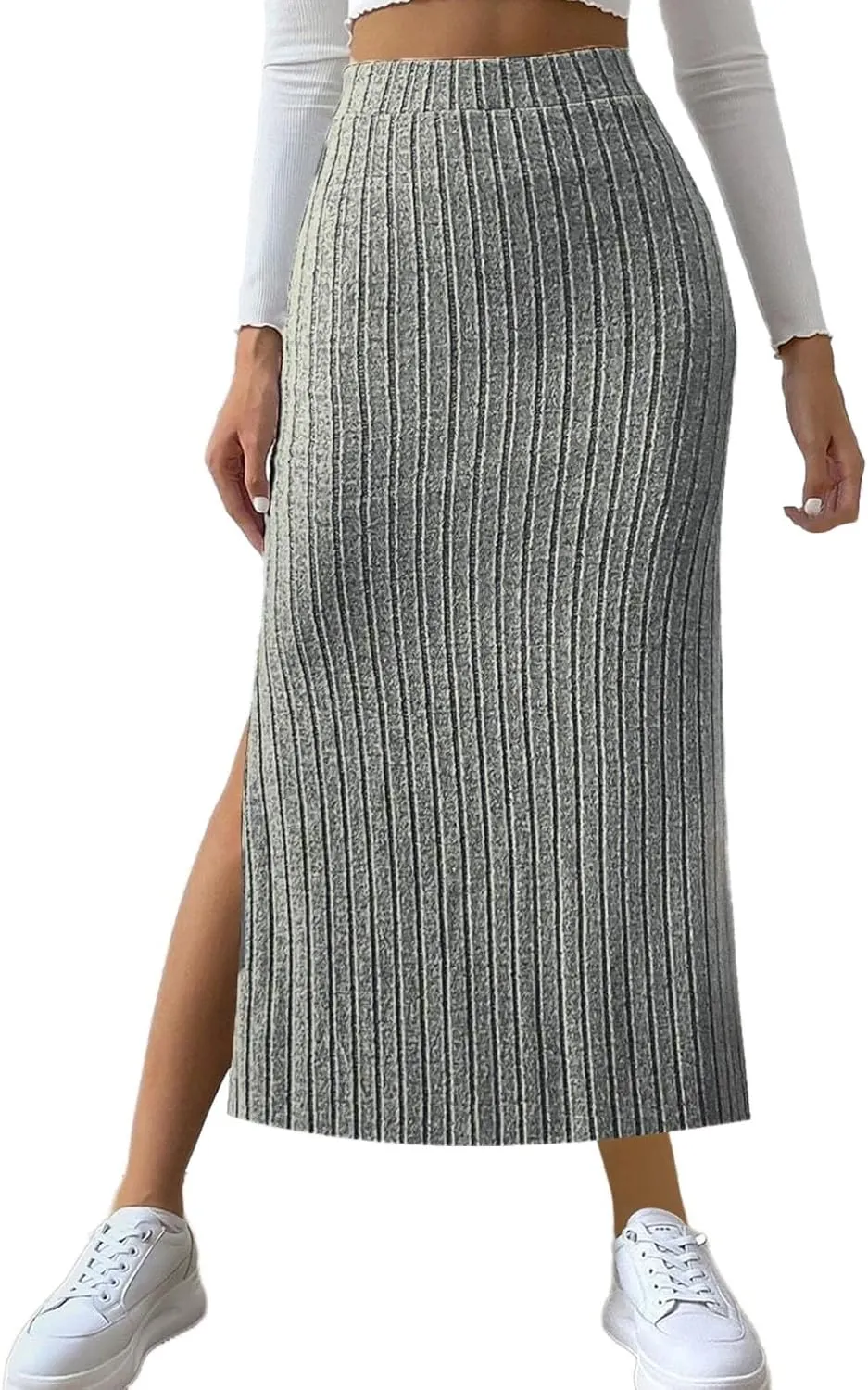 Texture Maxi Skorts for Women Ribbed Knitted Stretch Bodycon High Waist Pencil Skirts Casual Solid Side Split Skirt