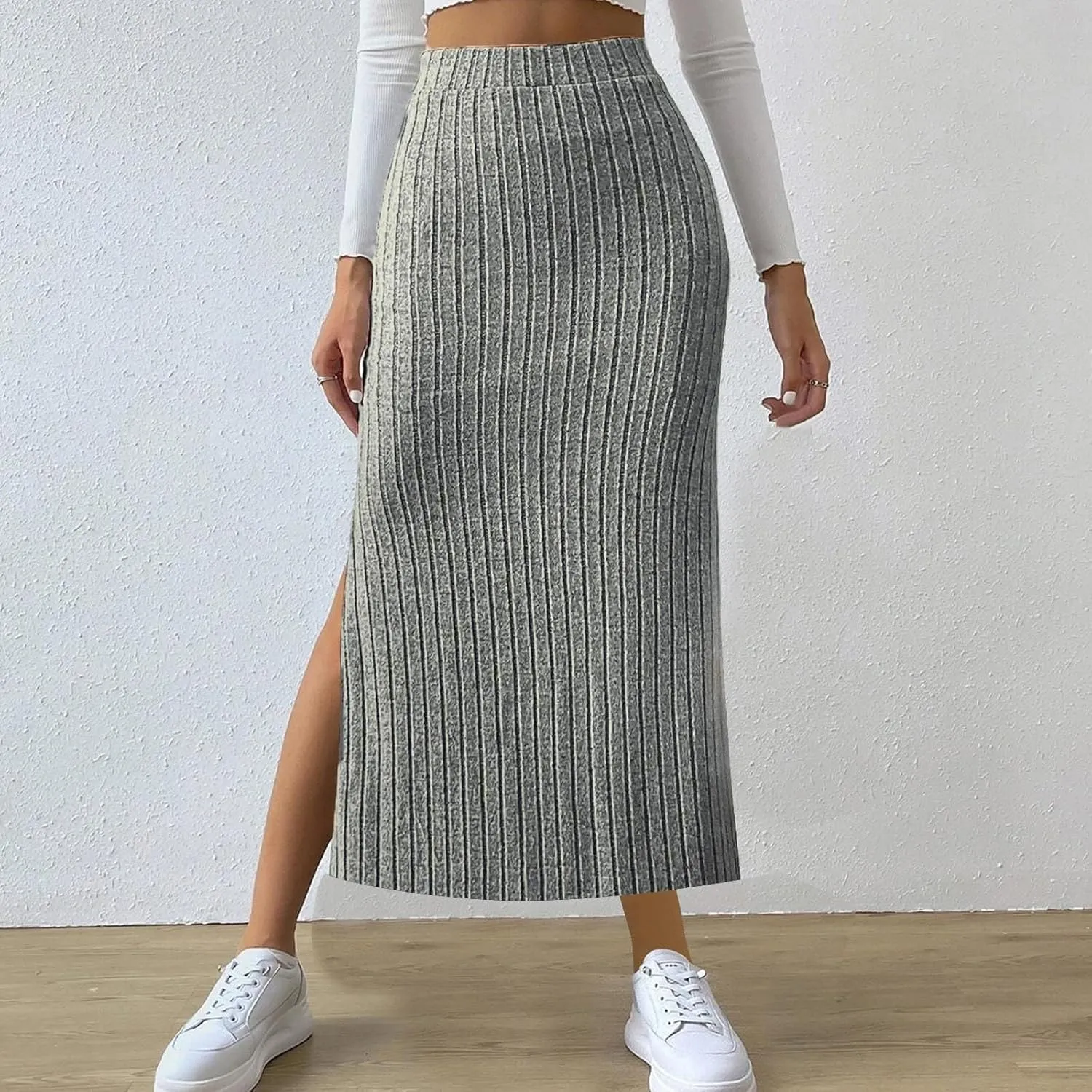 Texture Maxi Skorts for Women Ribbed Knitted Stretch Bodycon High Waist Pencil Skirts Casual Solid Side Split Skirt