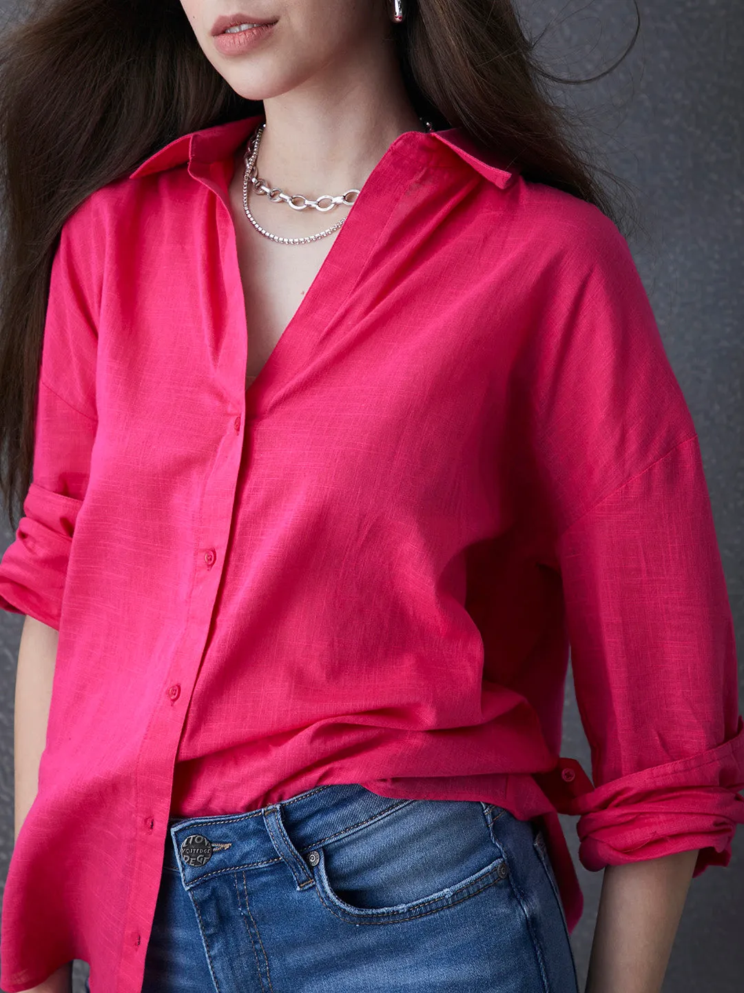 Thrust Relax Fit Street Vibe Cotton Pink Long Sleeve Women Casual Shirt