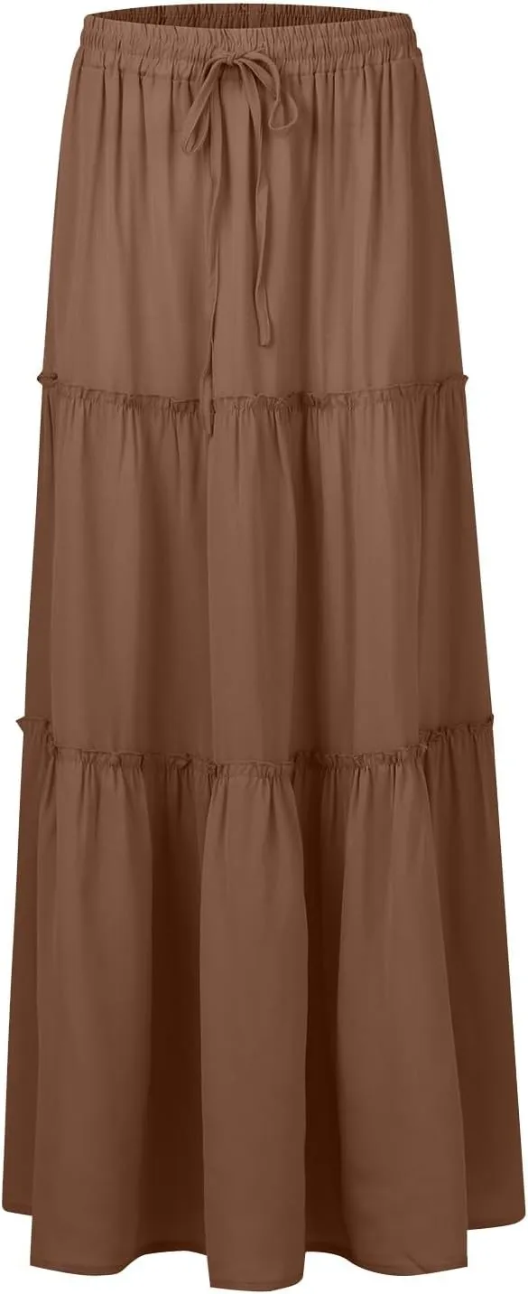 Tiered Maxi Skirts for Women Trendy Casual Elastic High Waisted Flowy Skirt Fall Fashion Ruffle Skirts