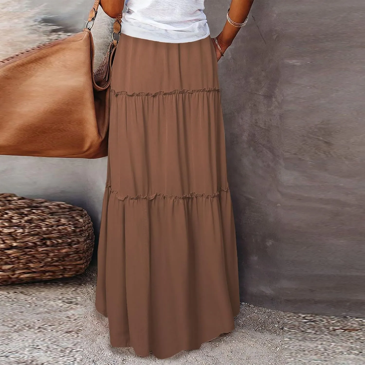 Tiered Maxi Skirts for Women Trendy Casual Elastic High Waisted Flowy Skirt Fall Fashion Ruffle Skirts