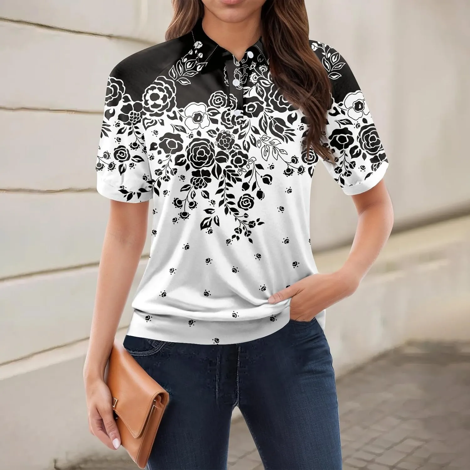 Tops for Women Trendy Short Sleeve Summer Collared Shirts Polo Vacation Outfits Banded Hem Blouses Casual