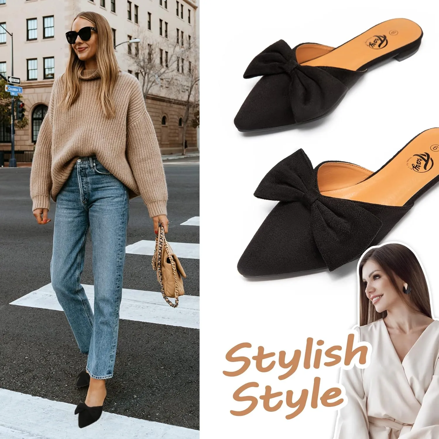 Trary Women's Black Bow Pointed Toe Mules, Modern Mule, Size 5