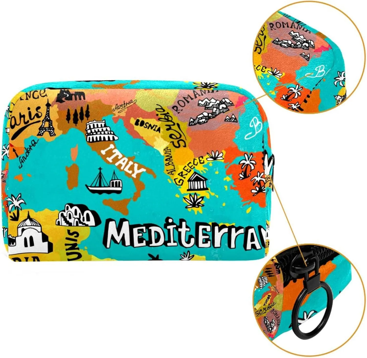 Travel Makeup Bag for Women, Map of Mediterranean Travel Cosmetic Bag Pencil Case Portable Makeup Pouch Toiletry Bag for Girls